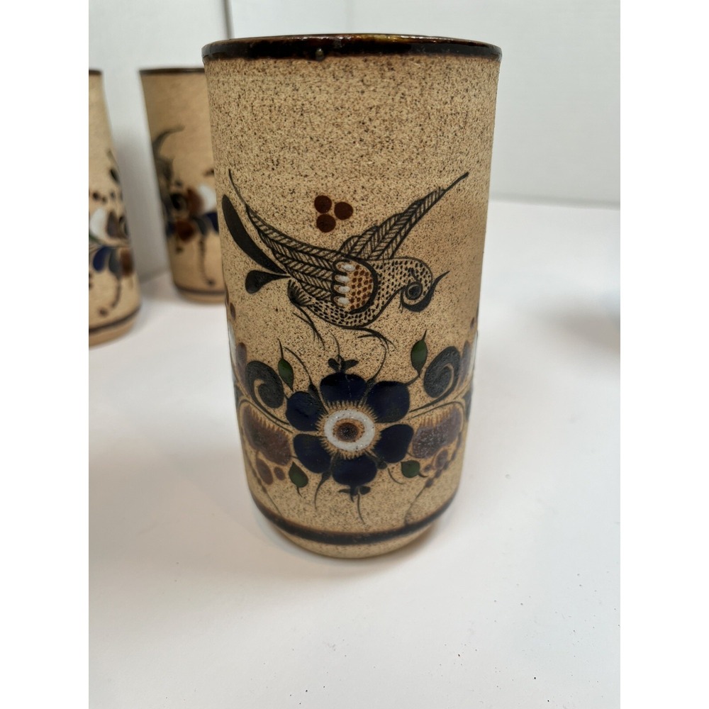 Tonala Pottery Cups Painted Blue Flowers Bird Stone Ware Lot Of 5 Netzi Mexico - Picture 13 of 16